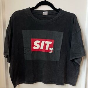 Peanuts Snoopy Retro Sit Boxy Cropped Short Sleeve Black T-Shirt Size Medium